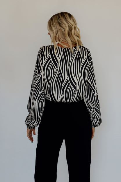 Katy Surplice Bodysuit- Black/White