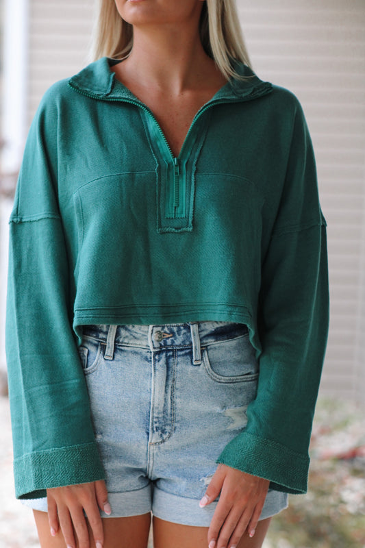 Krista Knit Crop Sweatshirt- Hunter Green