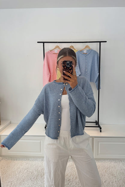 Haven Cardigan- Dusty Blue Pinstripe