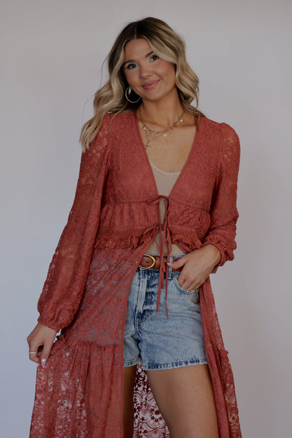 Cowboys & Cabernet Lace Duster- Terracotta