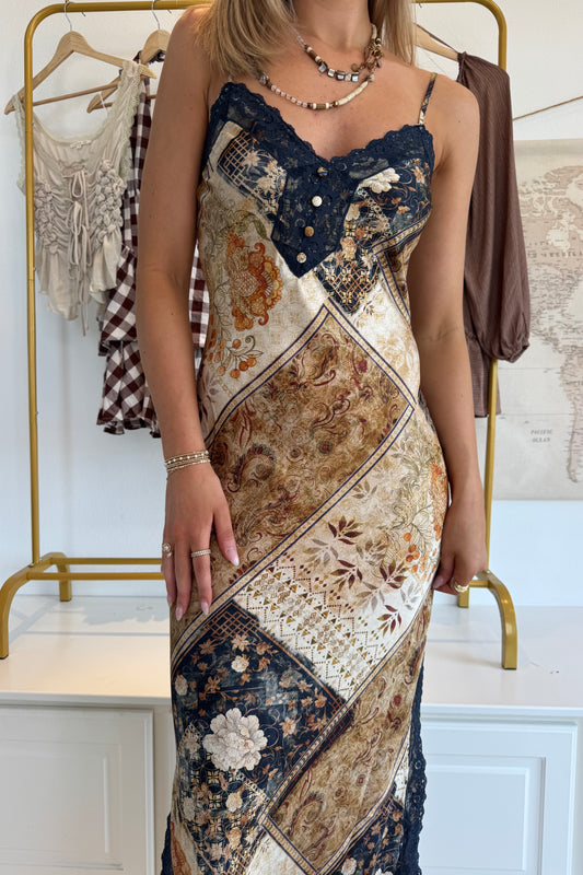 Prairie Dream Slip Dress- Tan/Navy