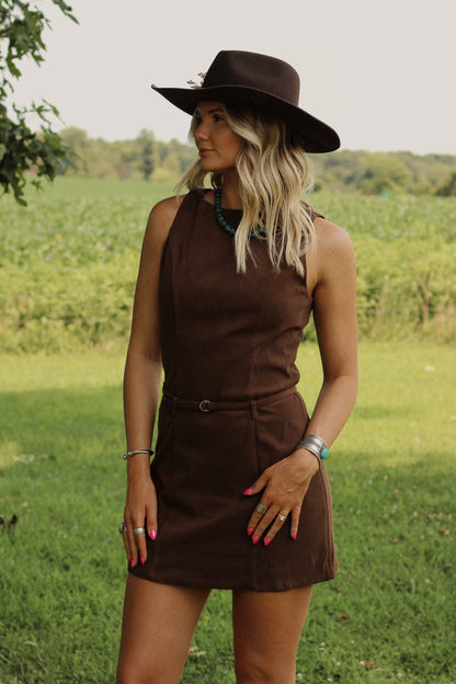 Suede Social Mini Dress- Brown