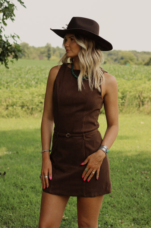 Suede Social Mini Dress- Brown