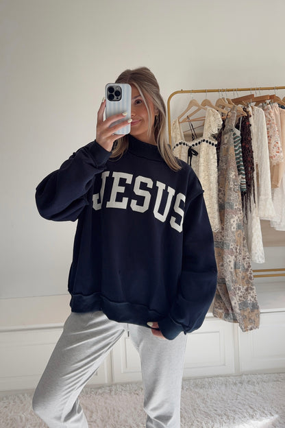 JESUS Embroidered Mock Neck Sweatshirt- Navy