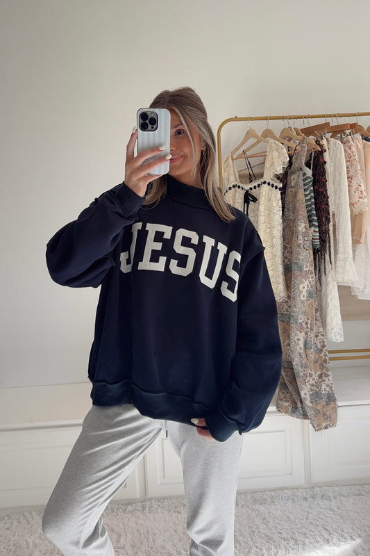 JESUS Embroidered Mock Neck Sweatshirt- Navy