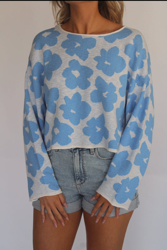 Blue Blossom Knit Sweater- Chambray