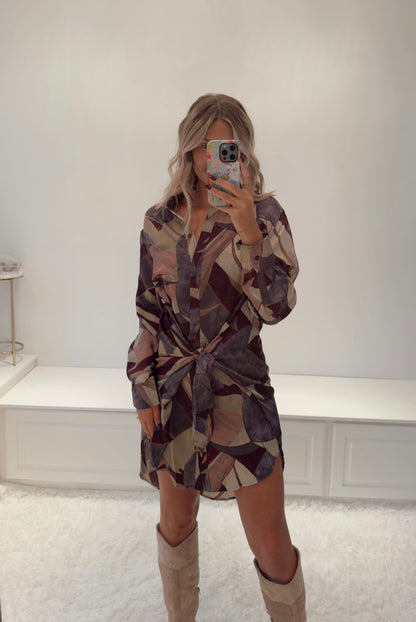 Twilight Tie Shirt Dress- Umber Mosiac