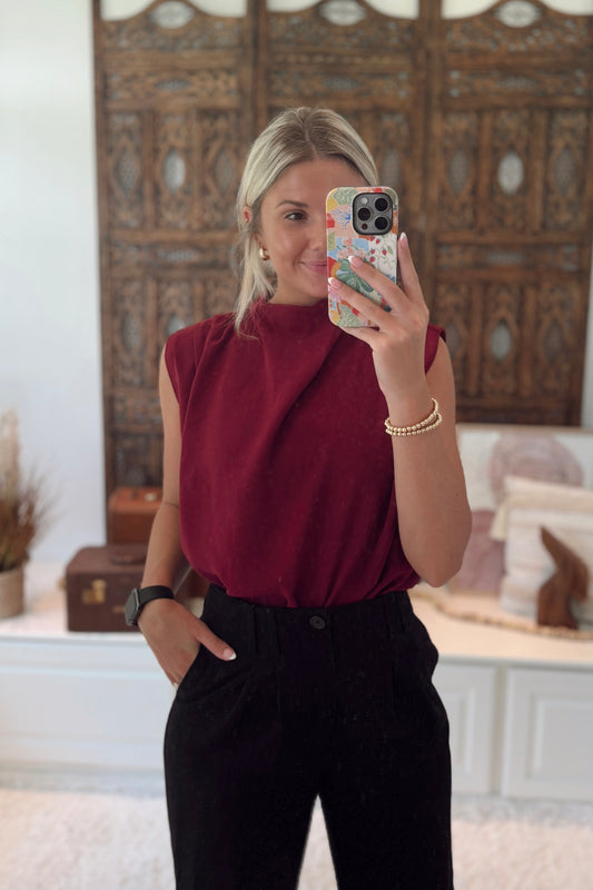 Ms. Clark Mock Neck Top- Burgundy