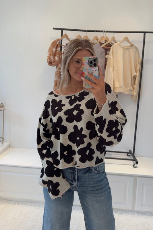 Carli Flower Sweater Top- Black/Oatmeal