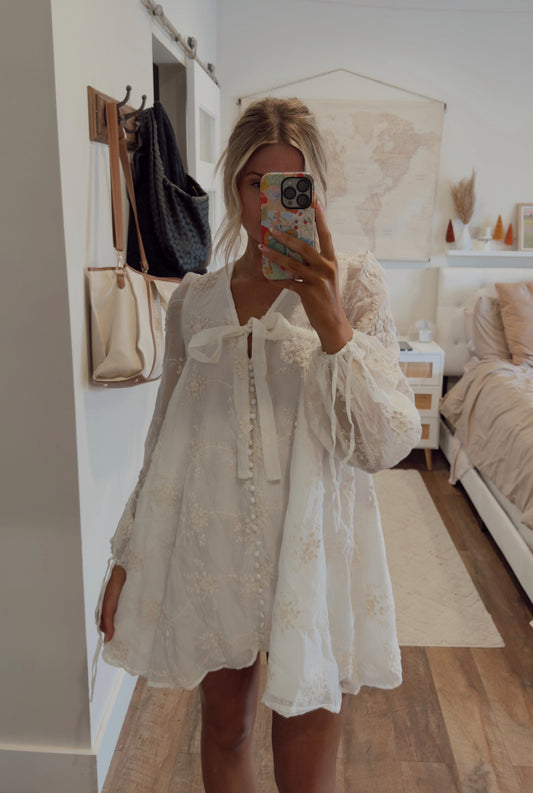 Lily Embroidered Long Sleeve Dress- Ivory