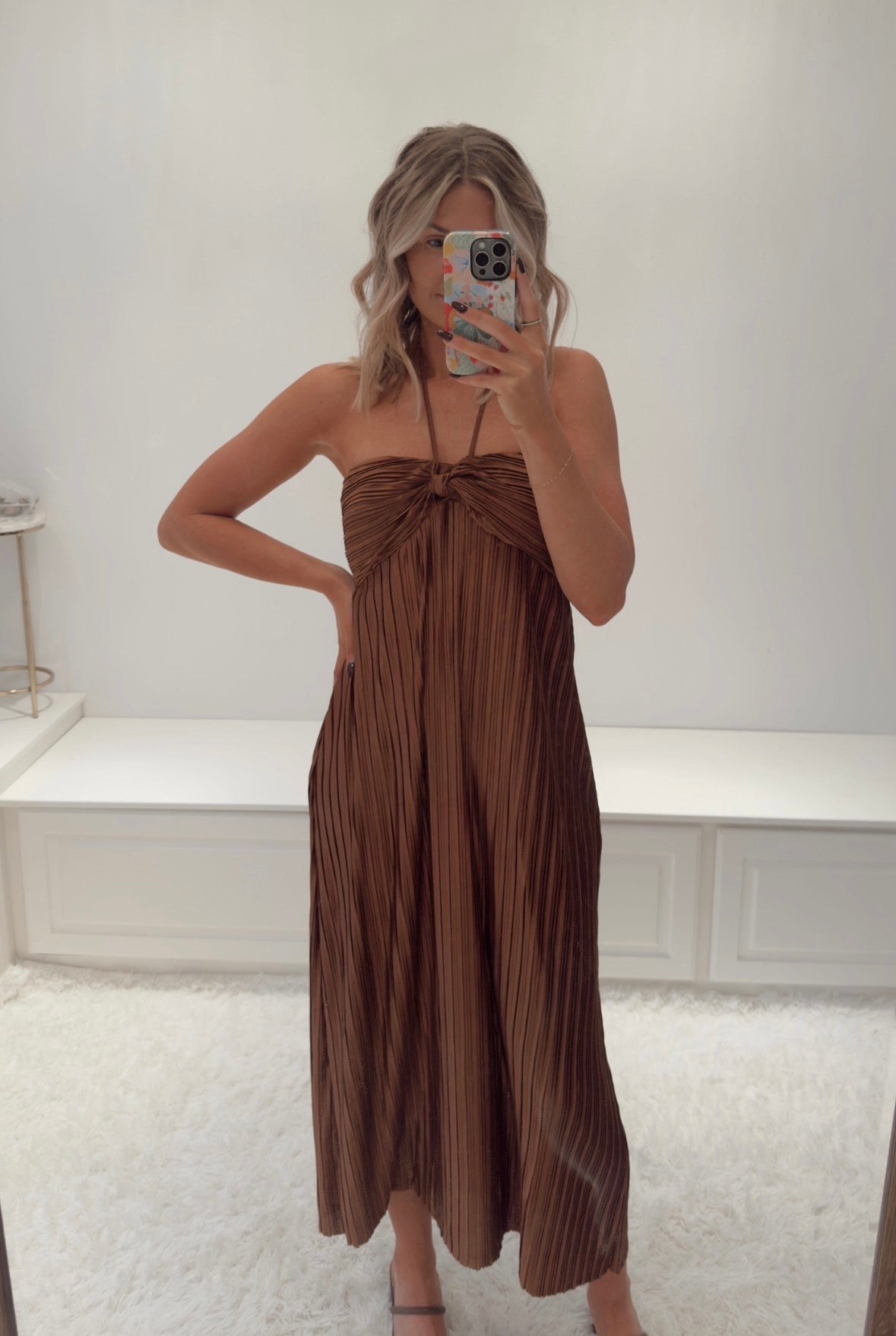 Maple Pleated Maxi Dress- Shimmer Brown