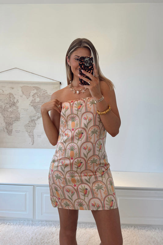Parrot Paradise Satin Mini Dress- Blushed Ibiza