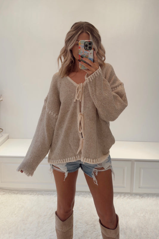 Cambree Bow Tie Cardigan- Taupe