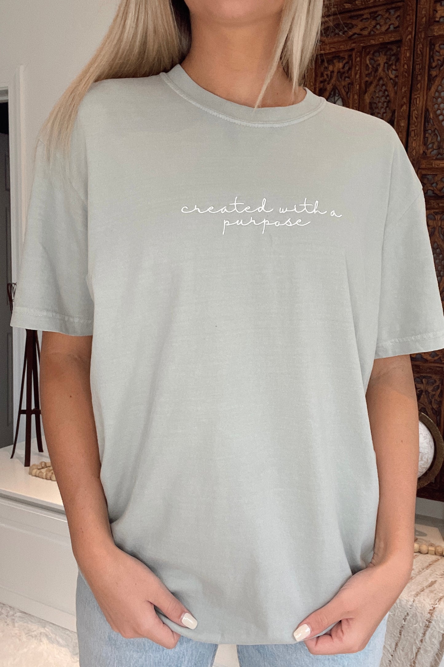 Created With A Purpose Embroidered Tee- Sage