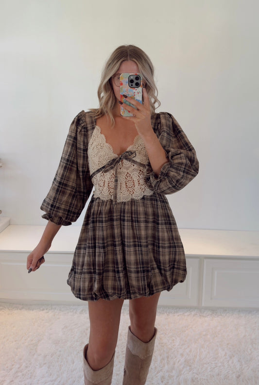 Lakyn Plaid & Lace Bubble Dress- Sand