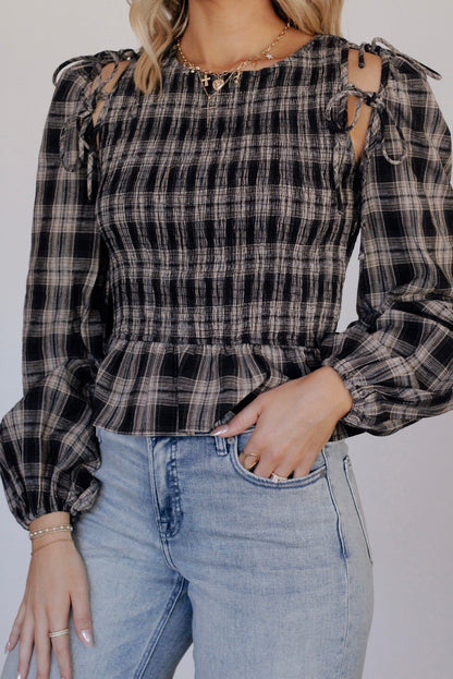Sarah Smocked Plaid Top- Black