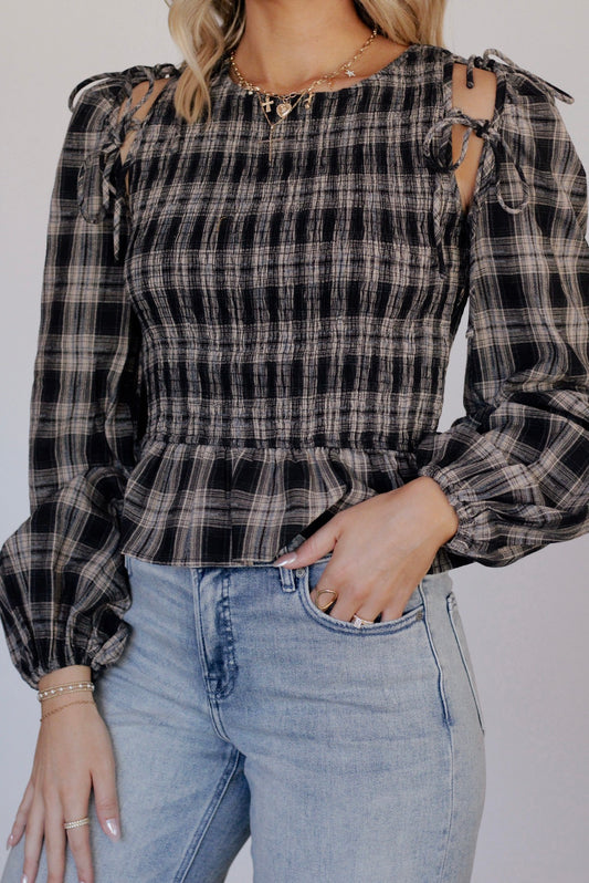 Sarah Smocked Plaid Top- Black