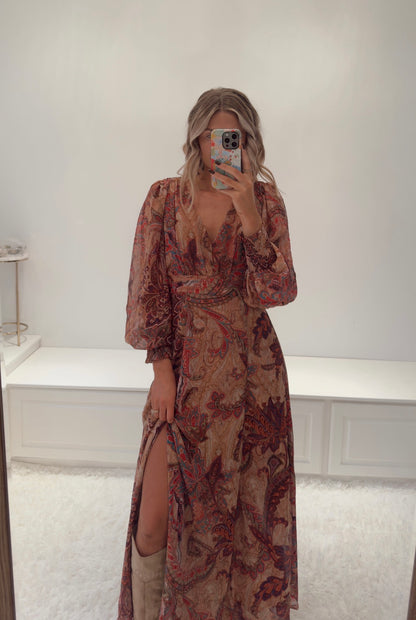 Autumn Whisper Plunging Maxi Dress- Royal Aster