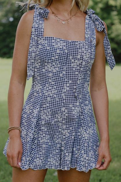 Prairie Petals Gingham Romper- Navy