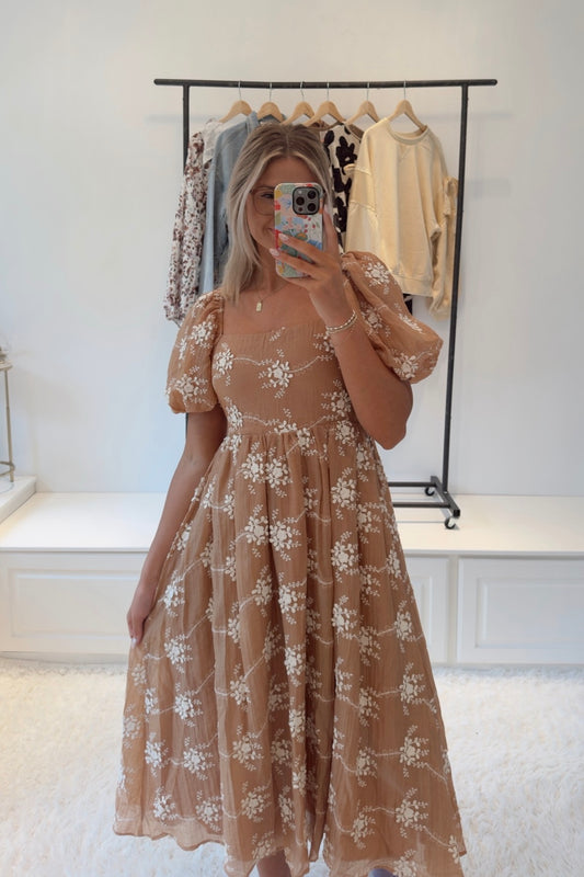Lovely Lily Embroidered Midi Dress- Mocha