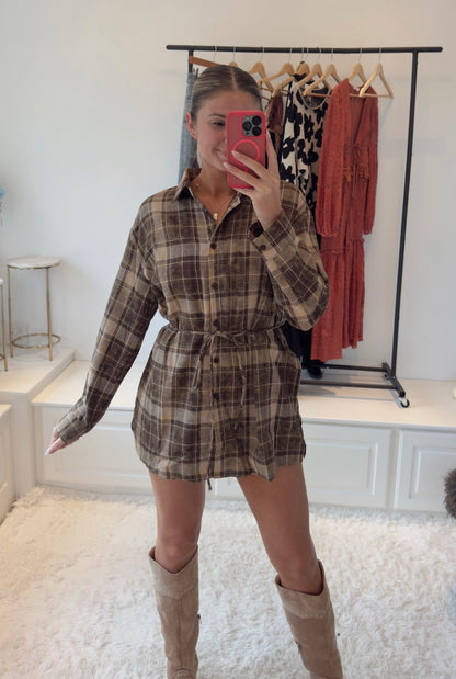 Cider Mill Plaid Shirt Romper- Brown