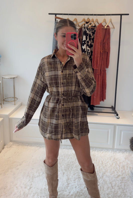 Cider Mill Plaid Shirt Romper- Brown