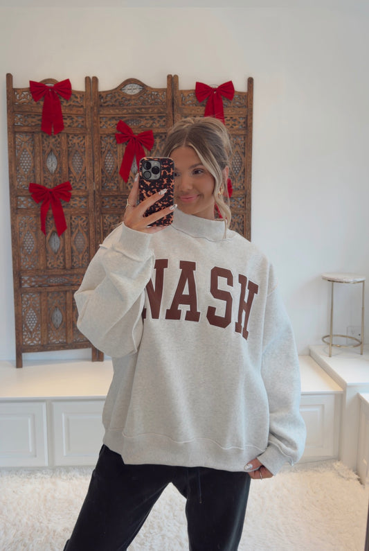 NASH Embroidered Mock Neck Sweatshirt- Gray/Brown