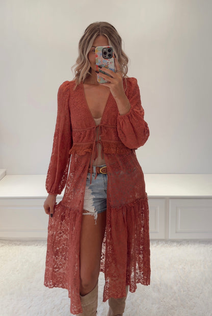 Cowboys & Cabernet Lace Duster- Terracotta