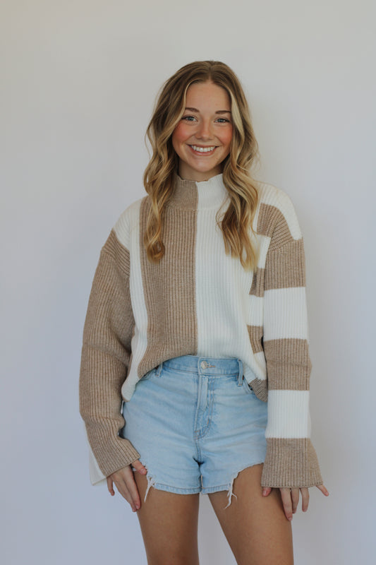 Camden Color Block Sweater- Taupe/Ivory