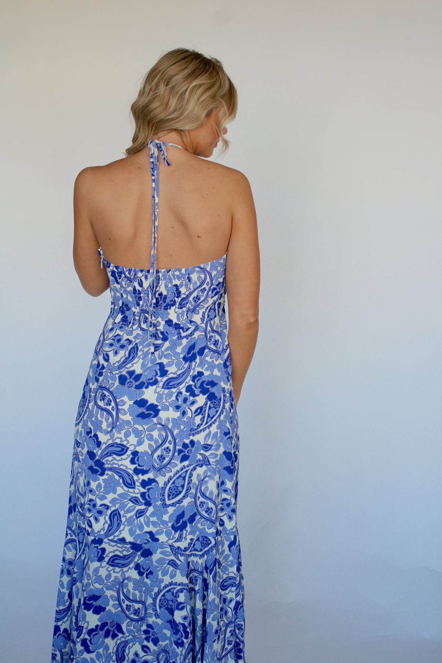 Island Time Halter Dress- Ivory/Blue