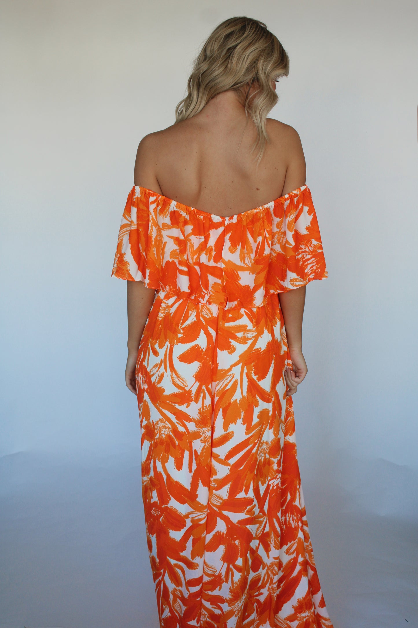 Tropical Dreamsicle Off Shoulder Maxi Dress- White/Orange