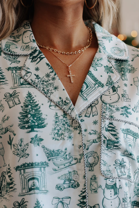 Double Layer Rhinestone Cross Necklace- Gold