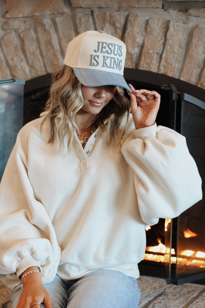 Jesus is King Hat- Cream/Denim