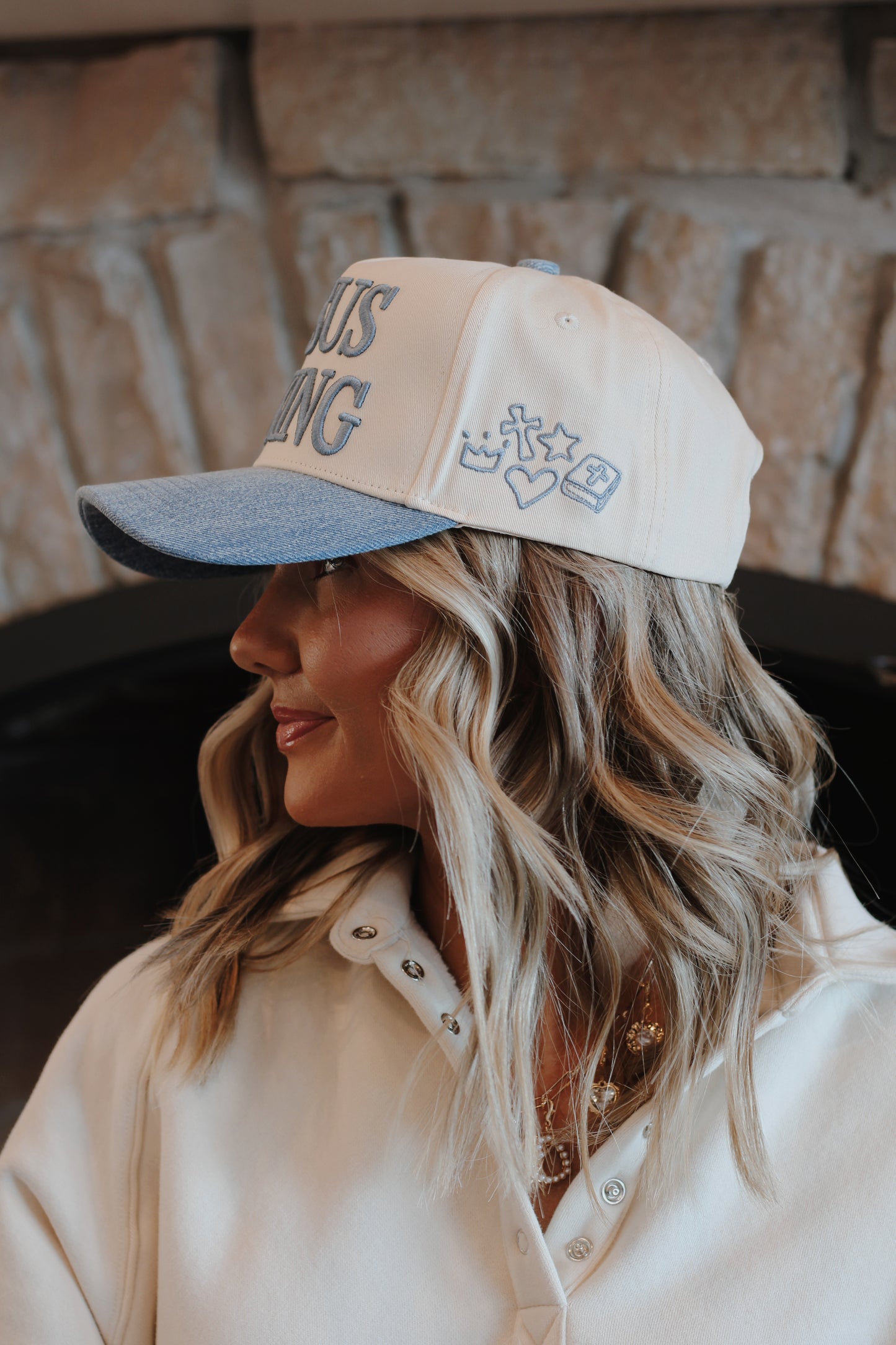 Jesus is King Hat- Cream/Denim