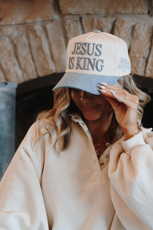 Jesus is King Hat- Cream/Denim