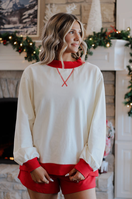 Peppermint Cream Mockneck Set- Cream/Red