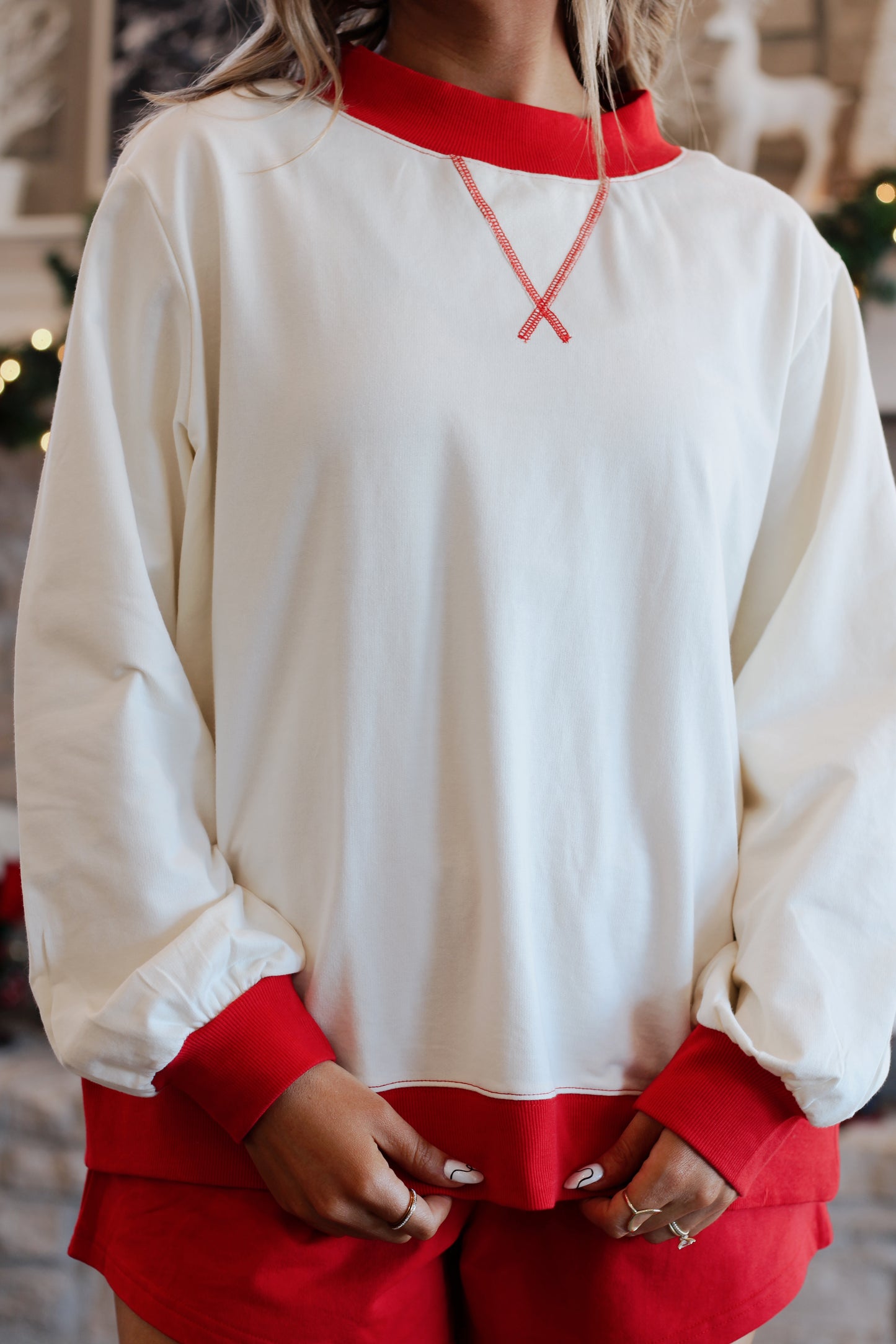 Peppermint Cream Mockneck Set- Cream/Red