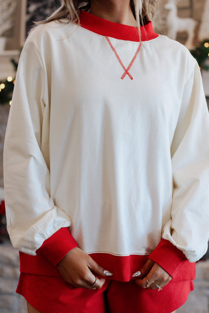 Peppermint Cream Mockneck Set- Cream/Red