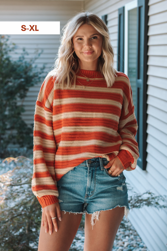 Pumpkin Patch Striped Oversized Sweater - Rust