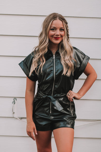 Game Day Leather Romper- Black