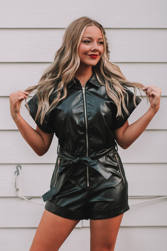 Game Day Leather Romper- Black