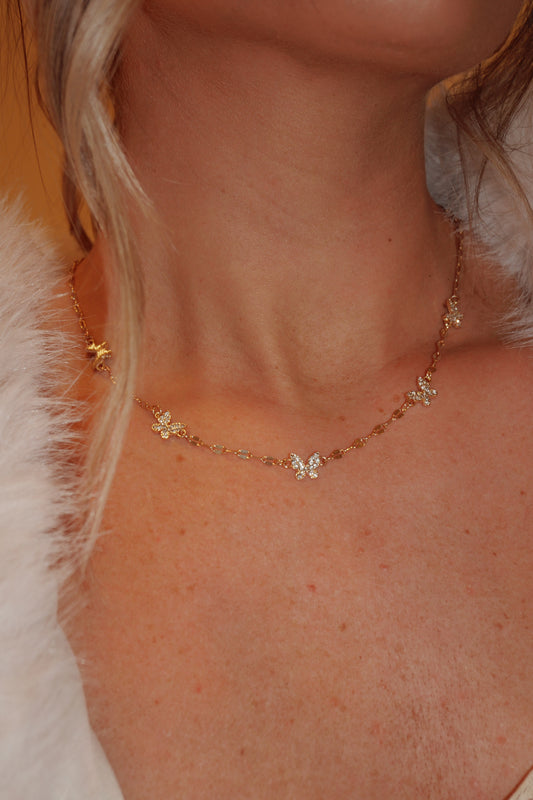 Rhinestone Butterfly Necklace- Gold