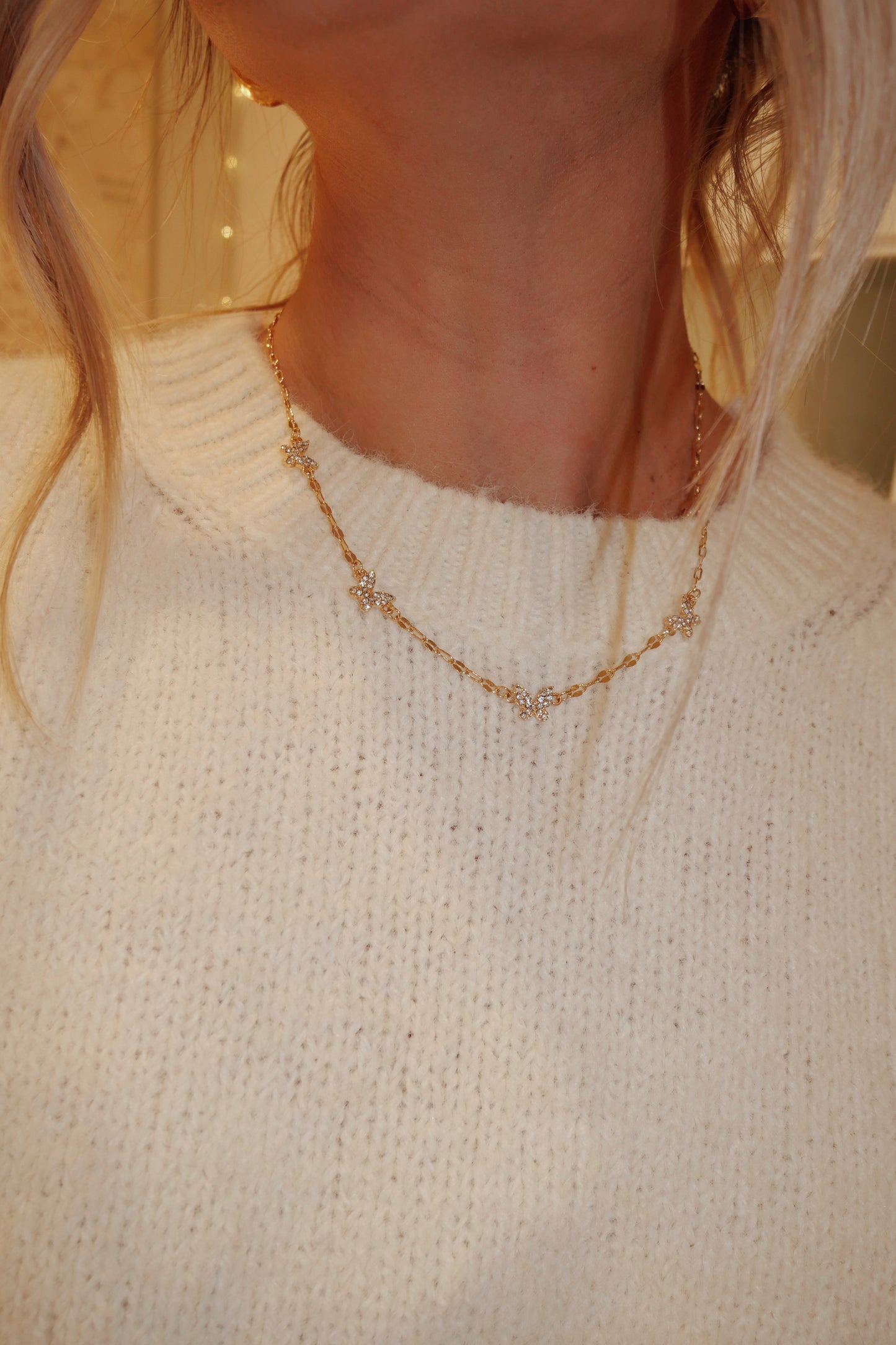 Rhinestone Butterfly Necklace- Gold