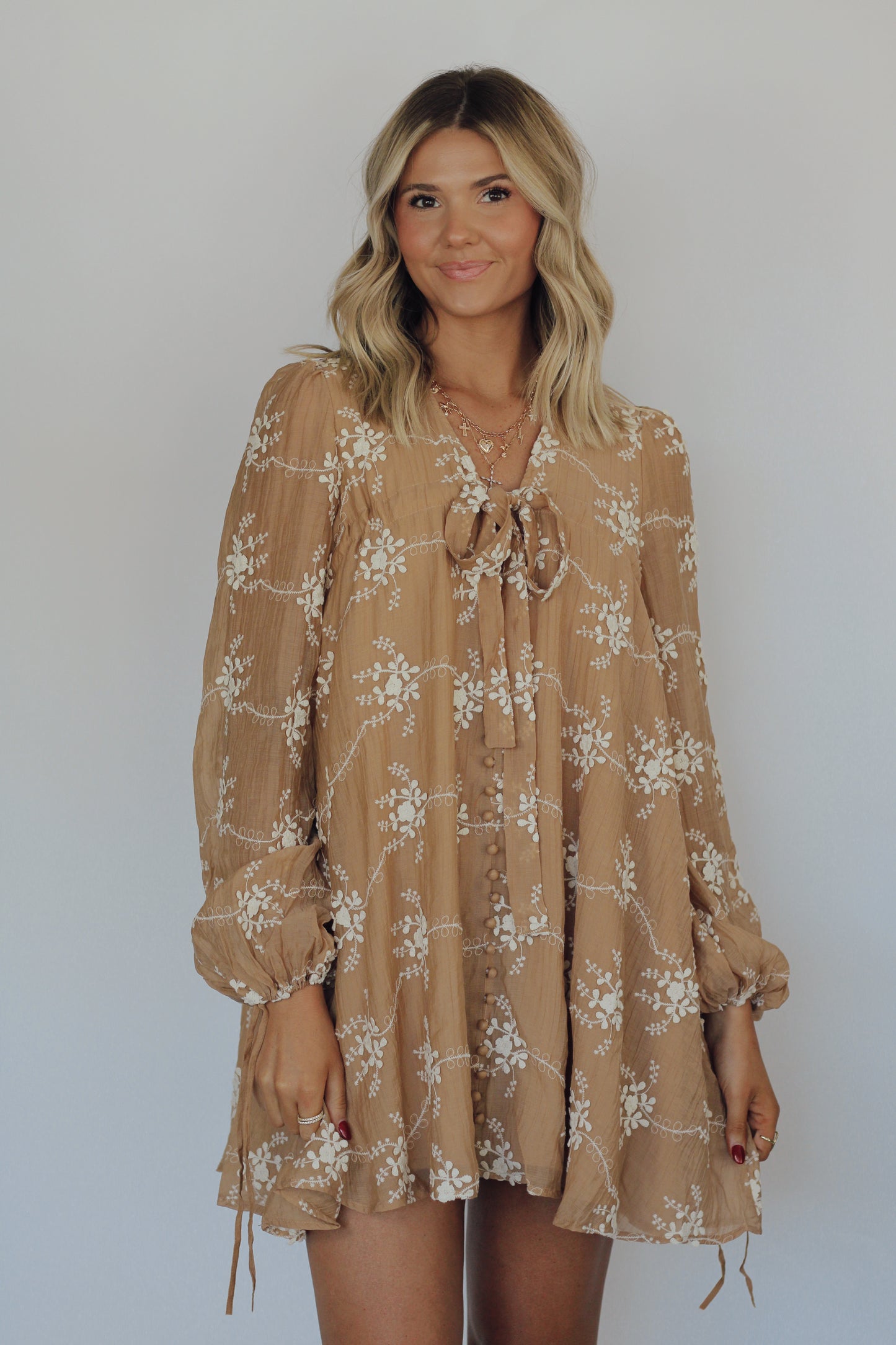 Lily Embroidered Long Sleeve Dress- Mocha 11/22