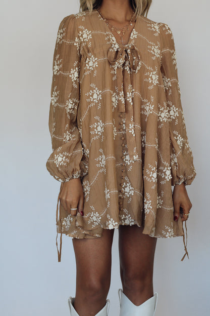 Lily Embroidered Long Sleeve Dress- Mocha 11/22