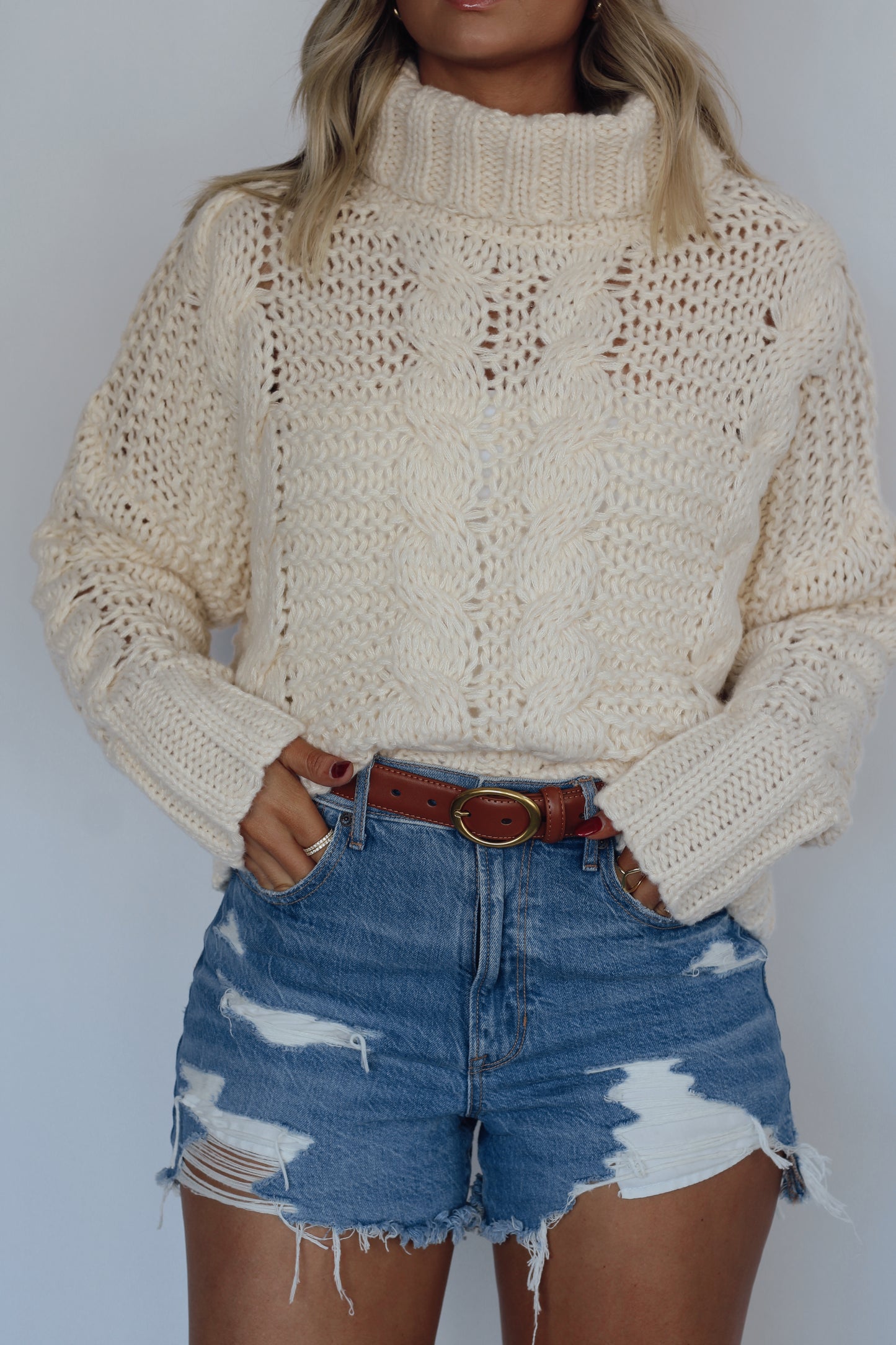 Caitlyn Chunky Knit Turtle Neck Sweater- Cream