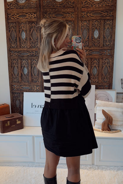 Meredith Mixed Striped Sweater Dress- Taupe/Black