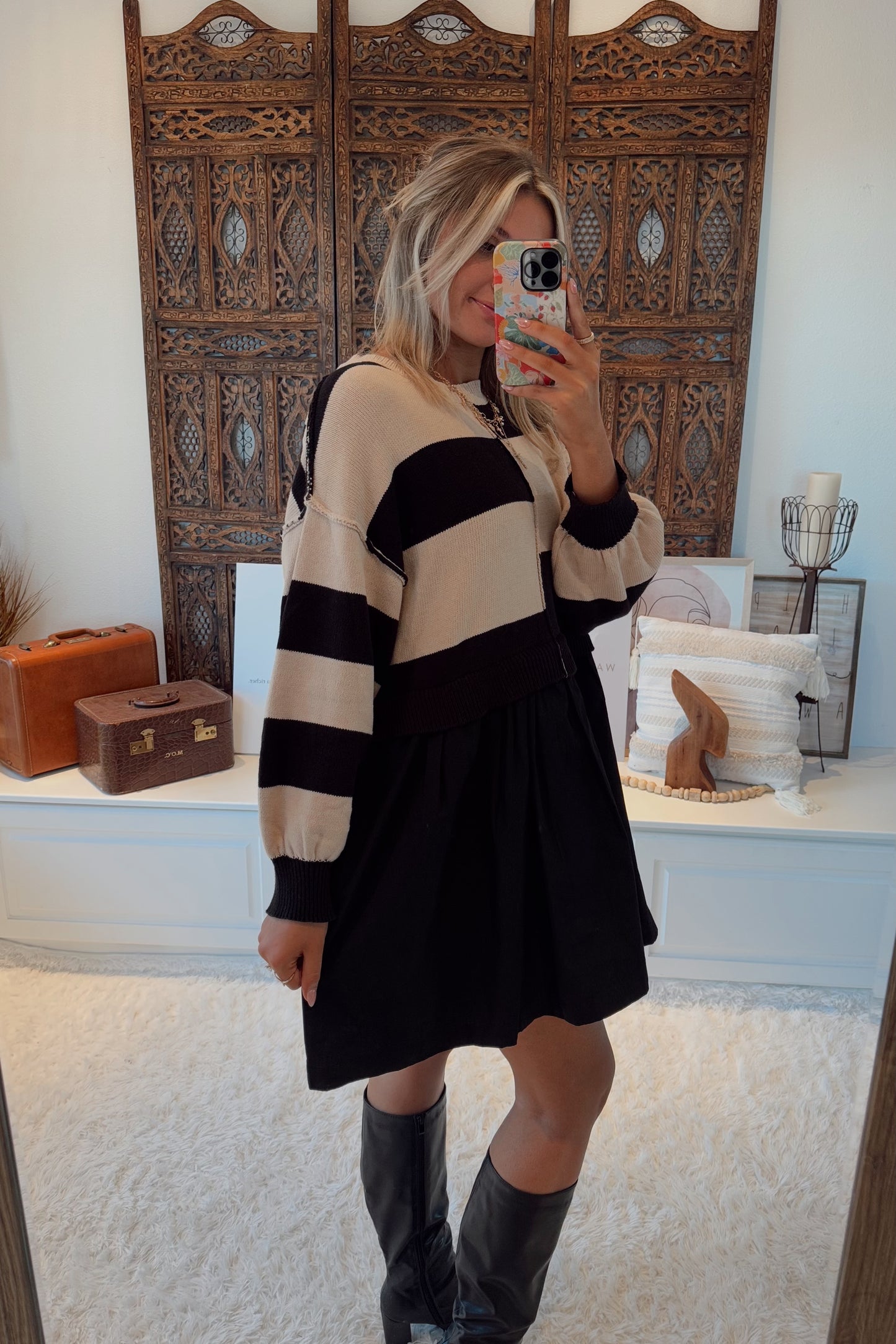 Meredith Mixed Striped Sweater Dress- Taupe/Black