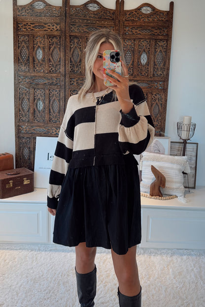 Meredith Mixed Striped Sweater Dress- Taupe/Black