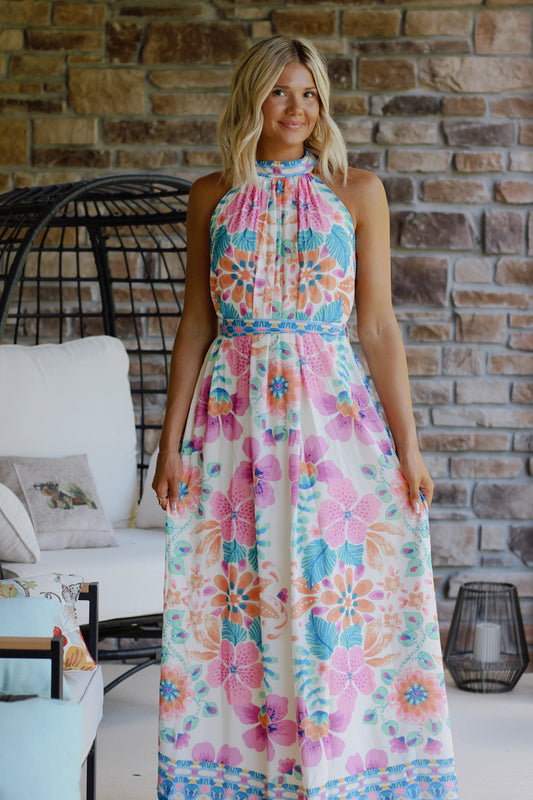 Summer Lovin Print Maxi Dress- Ivory Pink